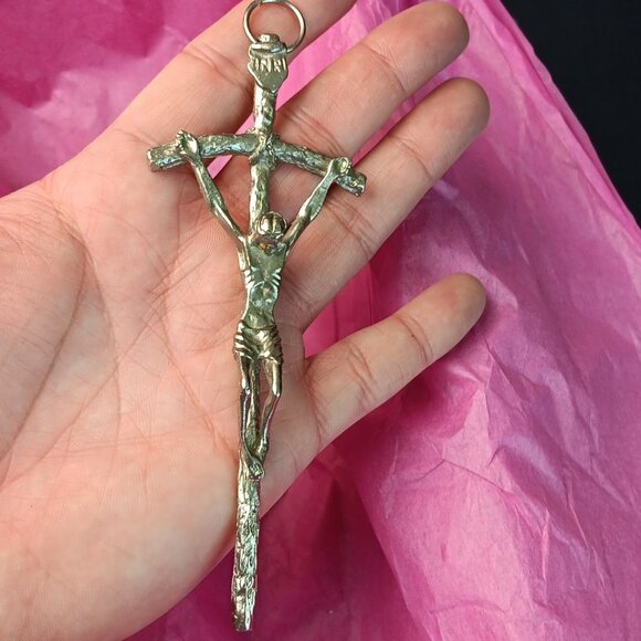 Vintage Catholic 5.5 Inch Religious Wall Silver Tone Crucifix Italy INRI Jesus - Picture 1 of 11